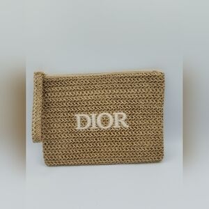 DIOR Raffia Woven Trousse Pouch Wristlet Natural Straw Logo Cosmetic Bag NIB
